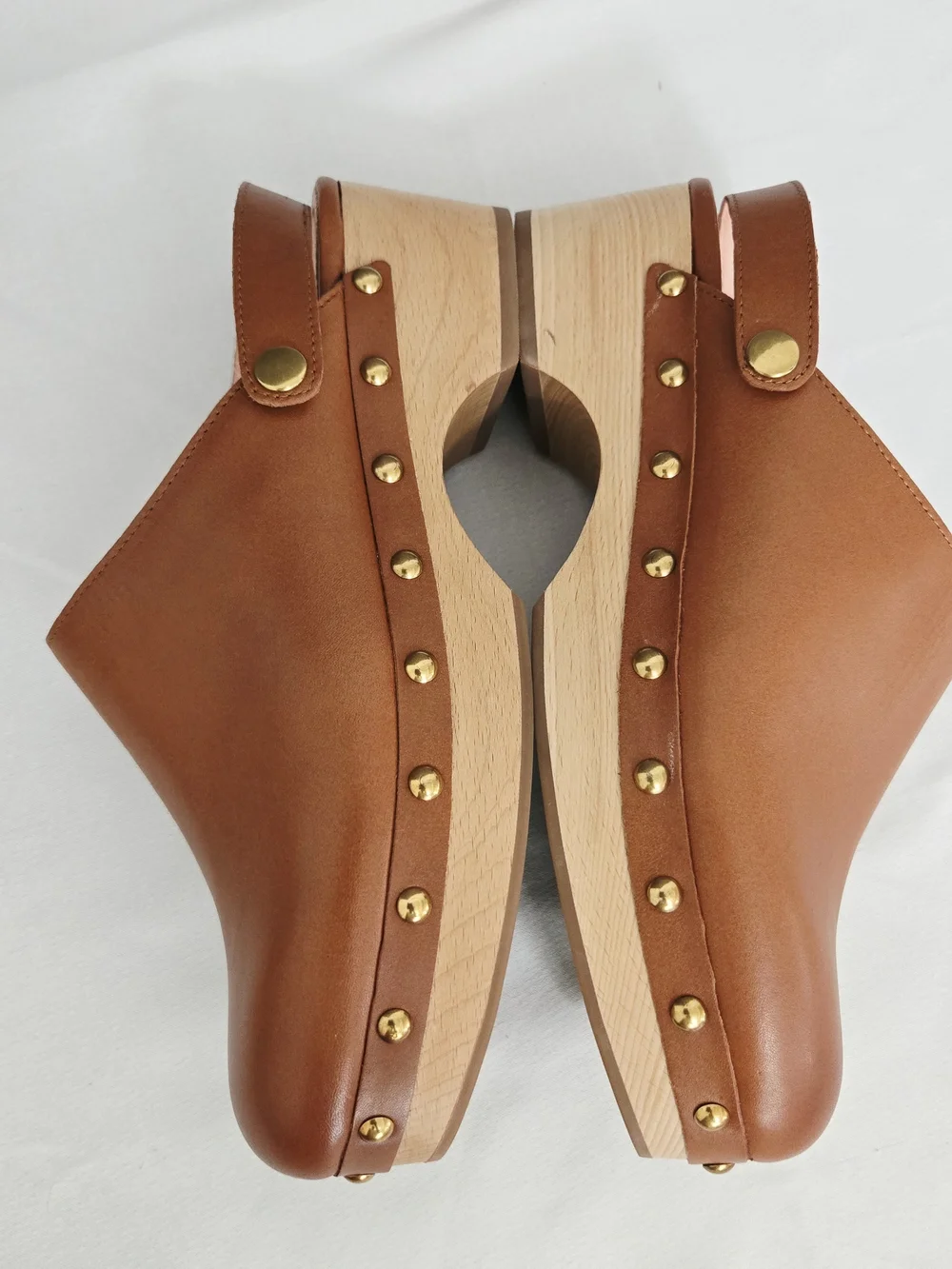 J. Crew Convertible Leather Clogs Tan Brown Studded Wood Platform Mules Size 8.5